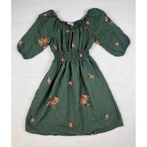 Kindred Medium Dress Cottagecore Boho Floral Embroidered Smocked Green